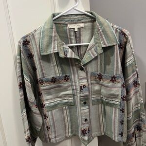 Gilded Intent Green and Brown Aztec Long Sleeve Button Up Cropped Top